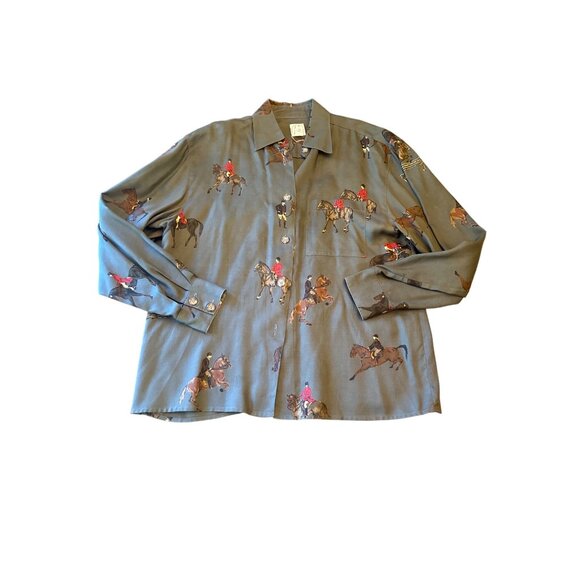 Vintage 80s J.G. Hook Equestrian Horse Print Rayon Button-Up Shirt Size 10 - Picture 1 of 5
